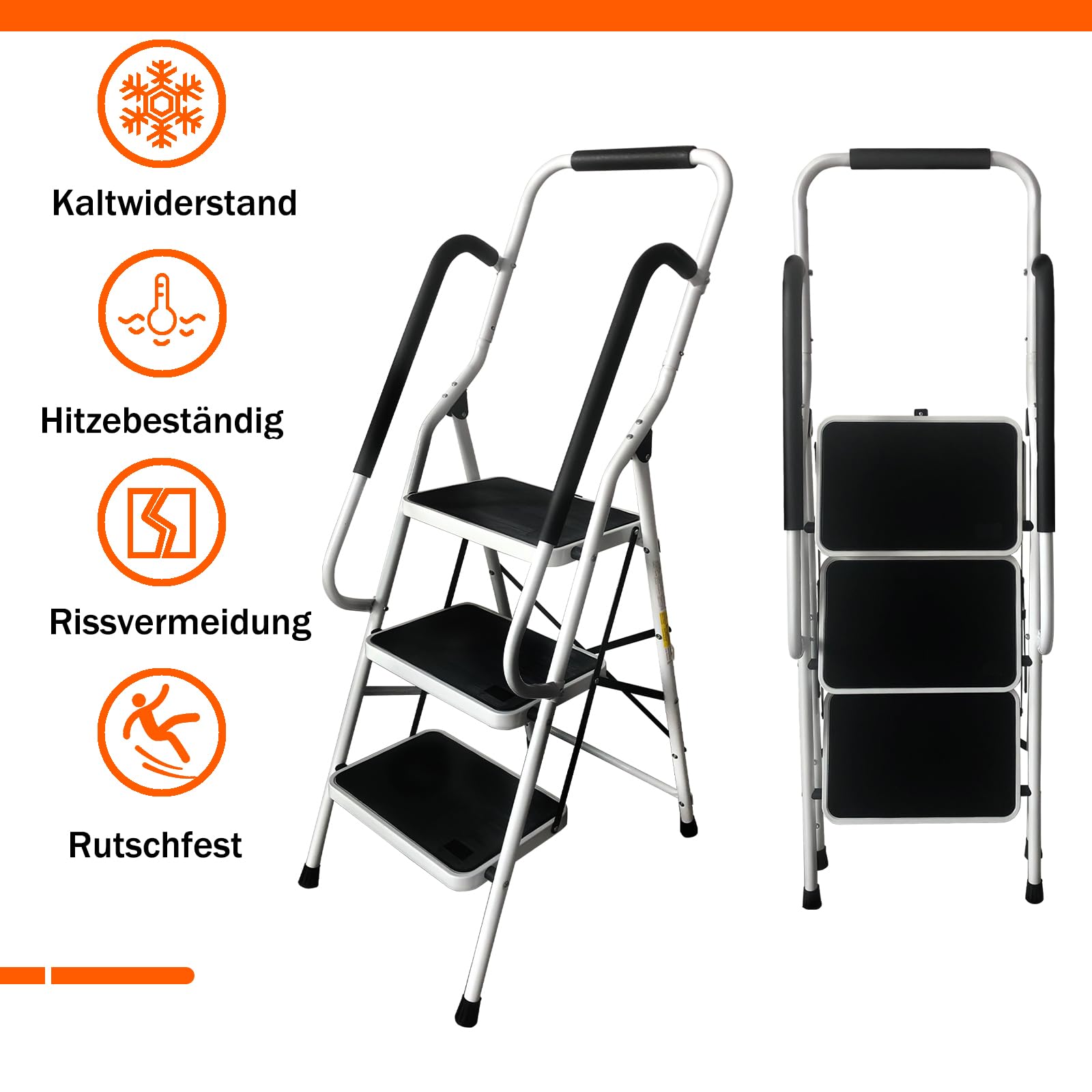 Trittleiter 3 Stufen klappbar,Klappleiter mit Haltegriff, Leiter mit Anti-Rutsch-Stufen, einfach zu verstauen, bis 150 kg belastbar, aus Stahl für Haushalt, Garten & DIY