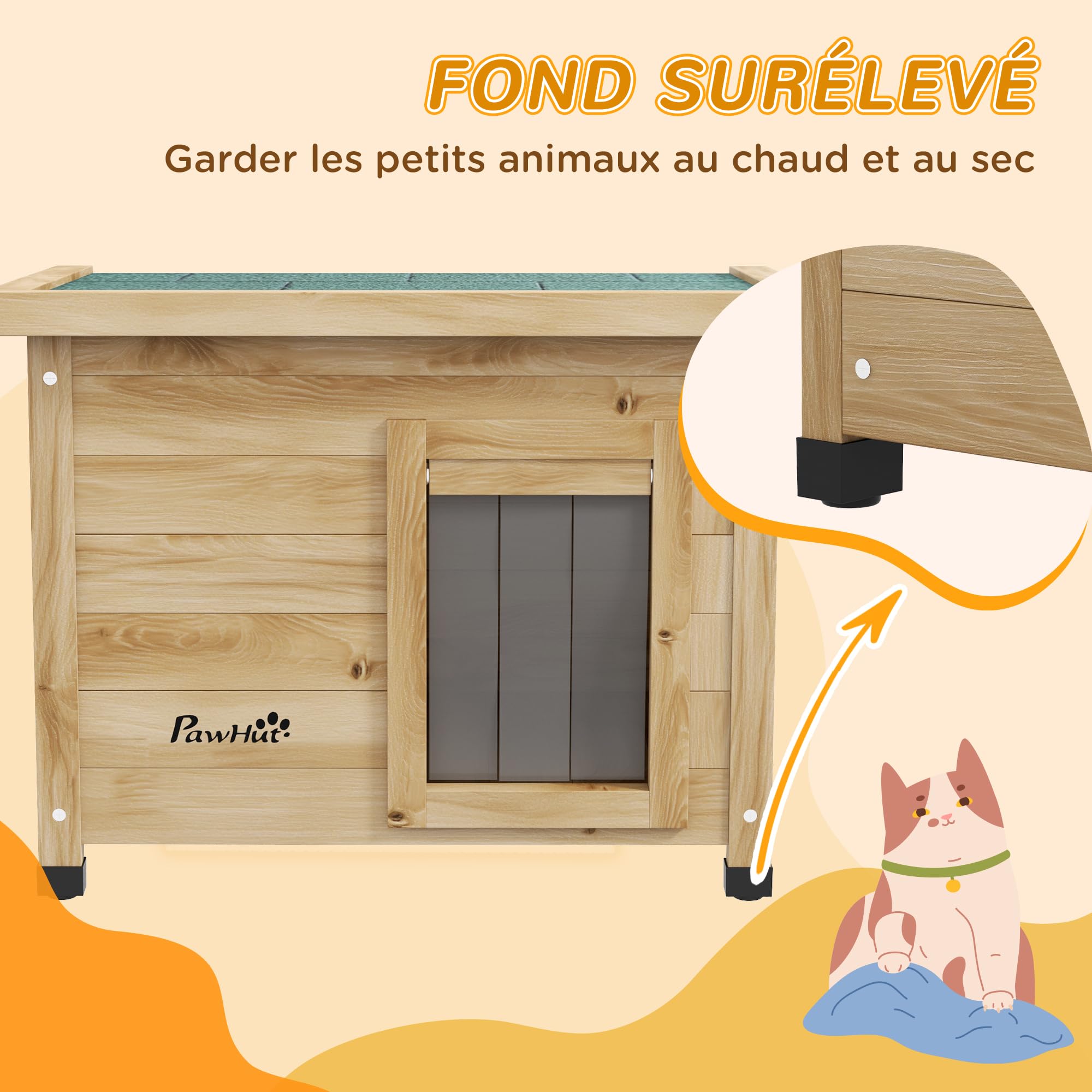 PawHut Maison pour Chats Niche d'extérieur en Bois surélevée avec Toit Asphalte, Porte avec Rideau, fenêtre, 57 x 45 x 43 cm Jaune