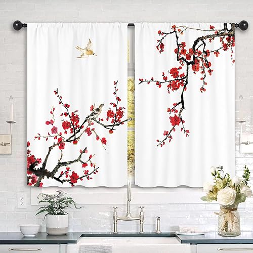 Miniatura 2 de Cortinas de cocina con flores de cerezo rojo, 27.5 pulgadas de ancho x 39 pulgadas de largo, diseño floral, modernas, asiáticas, japonesas, con