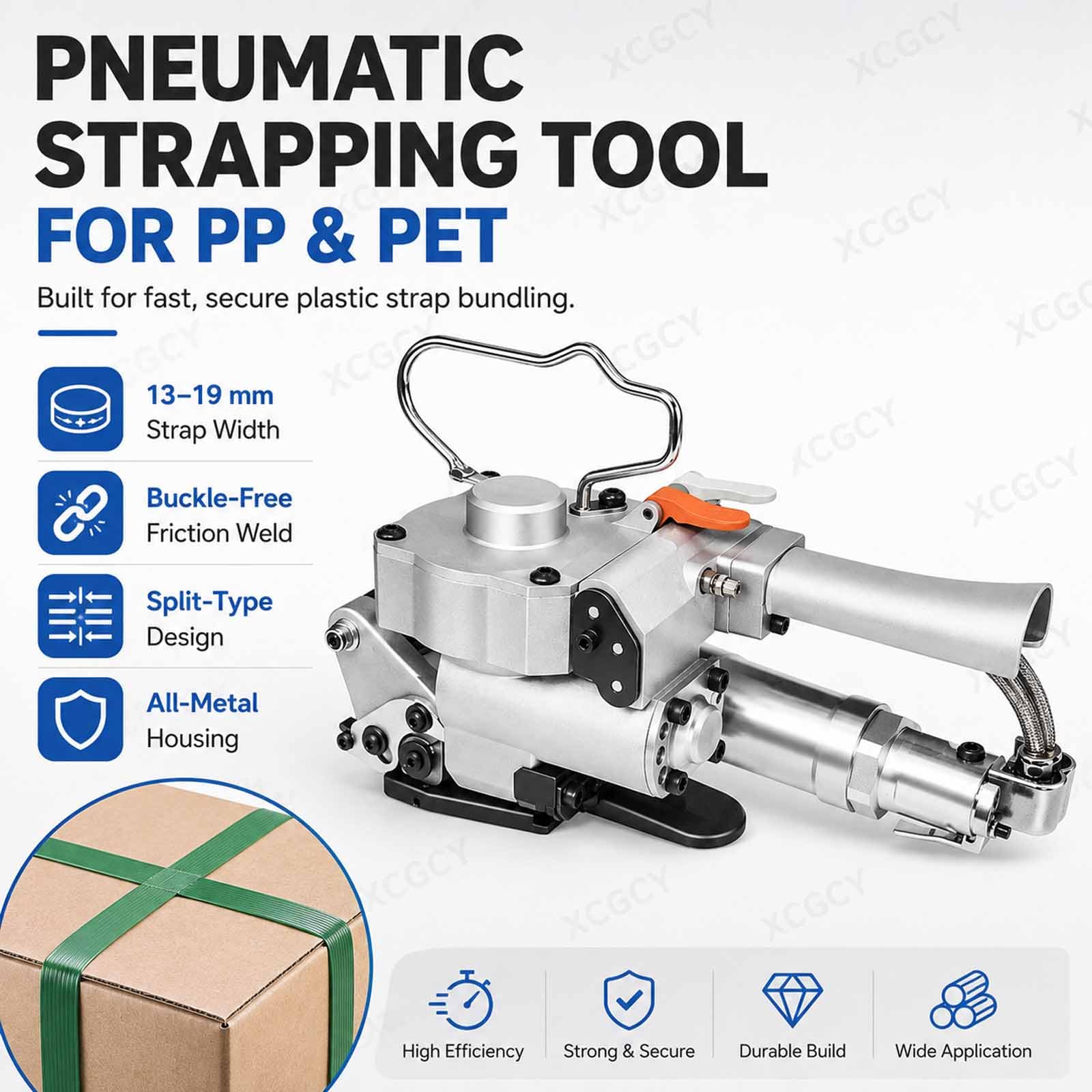 Reggia Pneumatica A19, Tenditore Automatico, Larghezza 13-19 Mm E Spessore 0,5-1,2 Mm, Reggiatrice Senza Fibbia 3500 N per Reggette Pp/Pet, Imballaggio, Magazzino E Logistica PRO