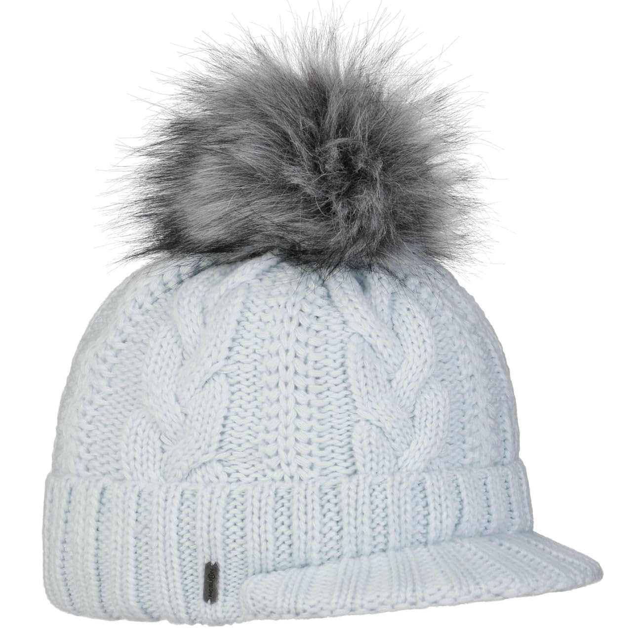 McBURN Britta Cable Knit Beanie Women - Made in Italy Winter Pompom hat with Peak, Lining, Lining Autumn-Winter - One Size Light Blue