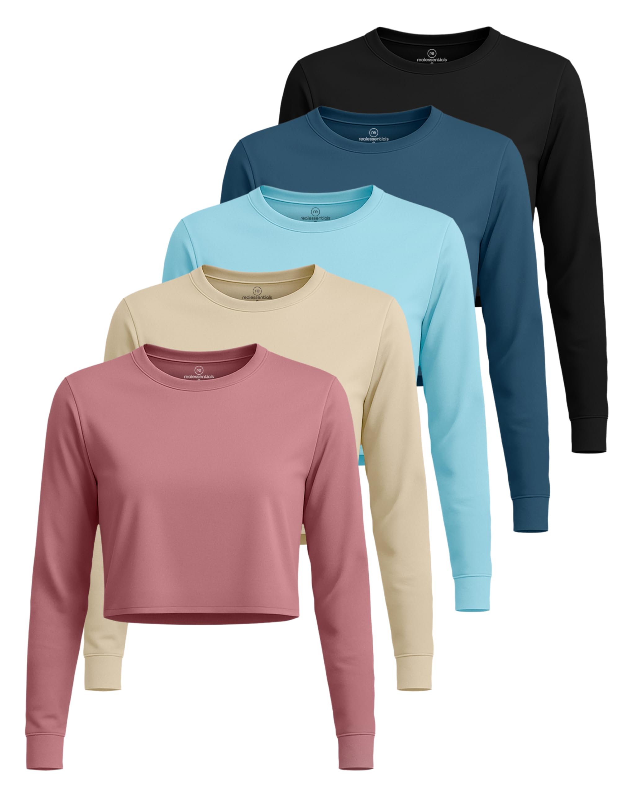 Real Essentials 5 Pack: Women's Dry-Fit Long Sleeve Crop Top - Running Workout Gym Athletic Crew Neck Shirt (Plus Available)
