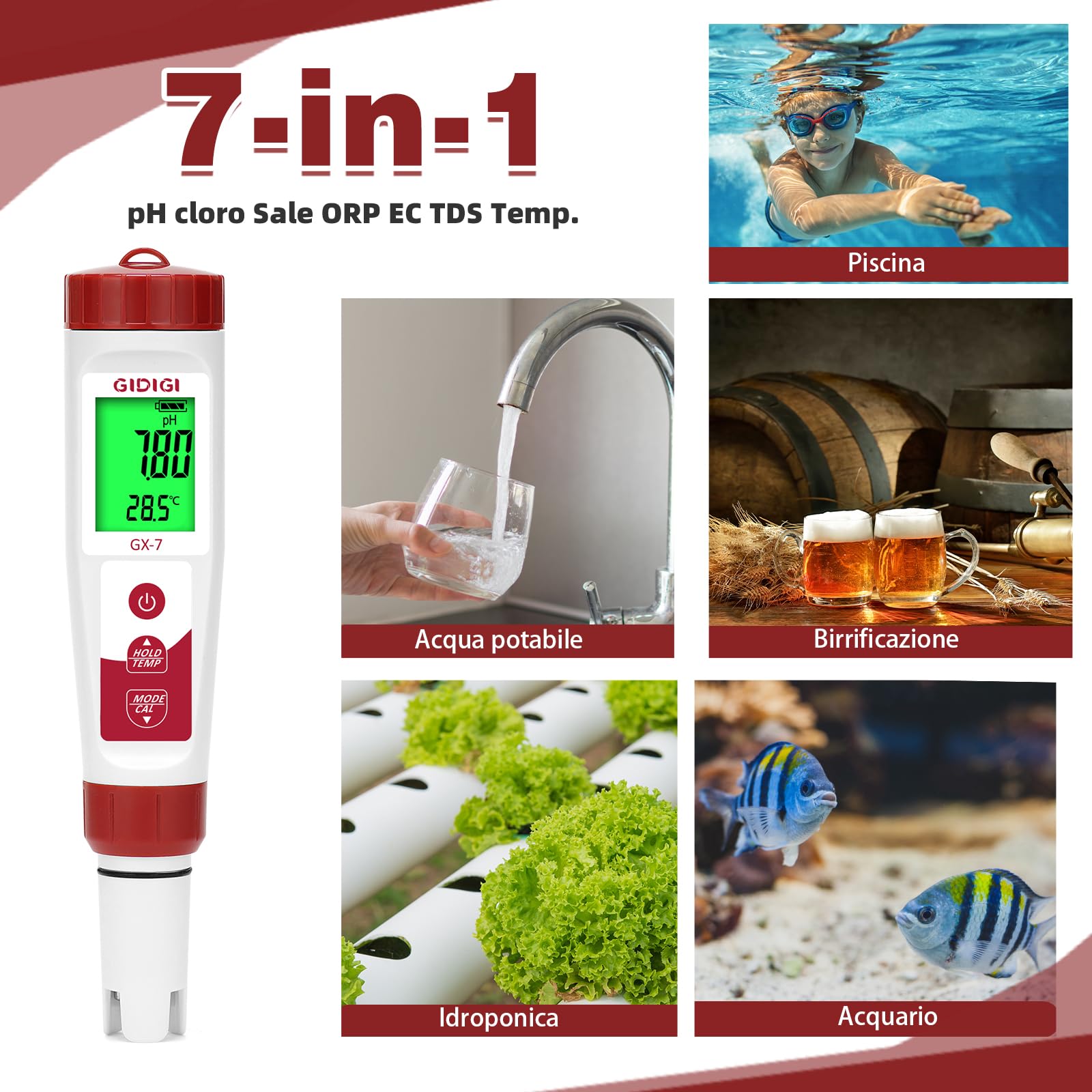 Tester di cloro e pH per piscine, misuratore di sale per acqua salata