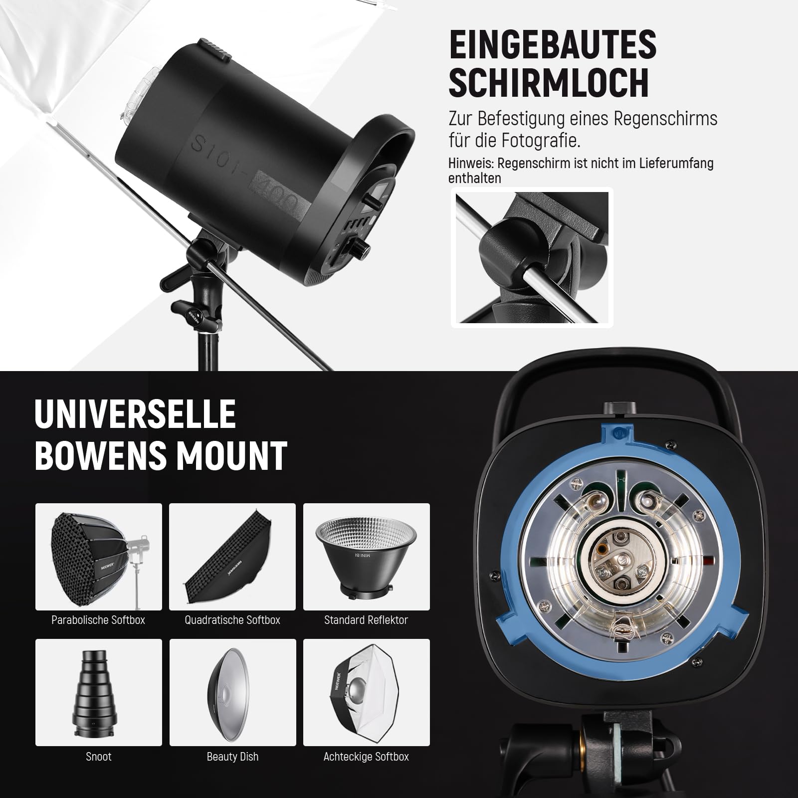 NEEWER 800Ws Studio Monolight Strobe Flash Set: 2er Pack S101-400W PRO 5600K Blitzlicht Studio mit 2,4G Auslöser/150W Einstelllampe/Bowens Mount/Softboxen/Ständer/Reflektor/Tasche, kompatibel mit QPRO