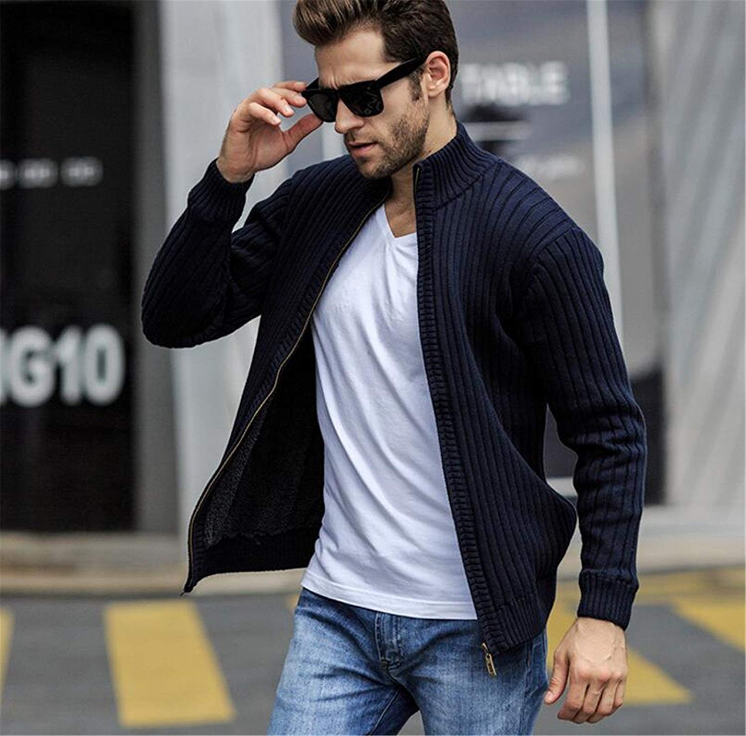 Męski sweter z dzianiny Nner Cardigan Plus ciepły kołnierz stójka kaszmir moda męska sweter z dzianiny z dzianiny na jesień i zimę kurtka męska, niebieski, 3XL
