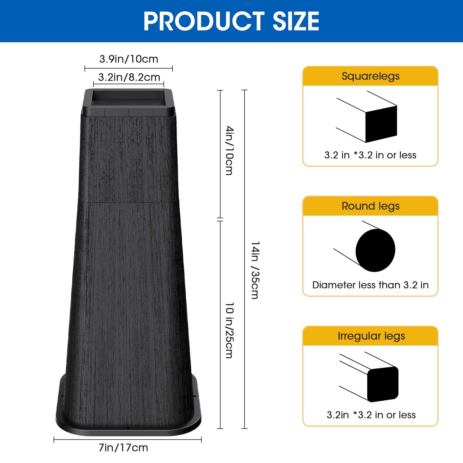 MYMULIKE Rialzi per letto da 35,6 cm, resistenti, rialzati per mobili di grandi dimensioni, 35,6 cm, supporto 2,721,6 kg, adatti per divani, sedie, ascensori per mobili, confezione da 4, nero
