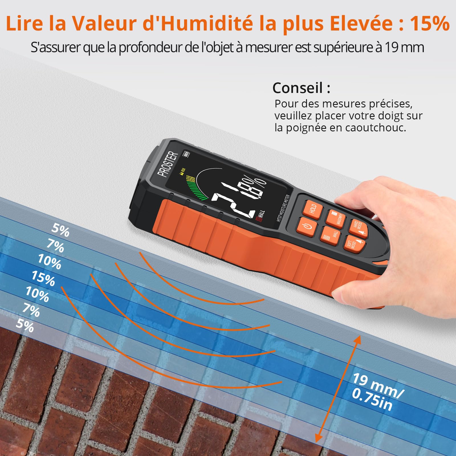 Proster Détecteur Humidité Mur Rechargeable, Testeur Humidité Bois Numérique Etalonnable Humidimetre Non Destructif avec Alarme Couleurs Sonores Écran LCD pour Plafonds Plancher Béton