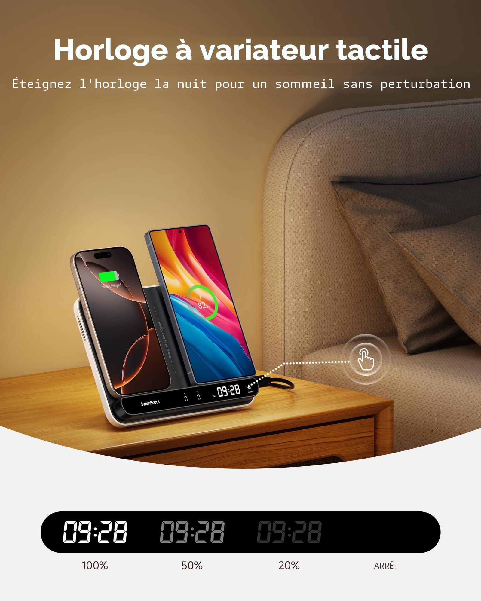 Double Chargeur Induction pour 2 Téléphone, Station de Charge pour iPhone Air/17 Pro Max/17 Pro/17/16/15/14, Samsung Galaxy S25/S24/S23/S22, Pixel 9/8 & Earbuds, SwanScout 504 (Black & White)