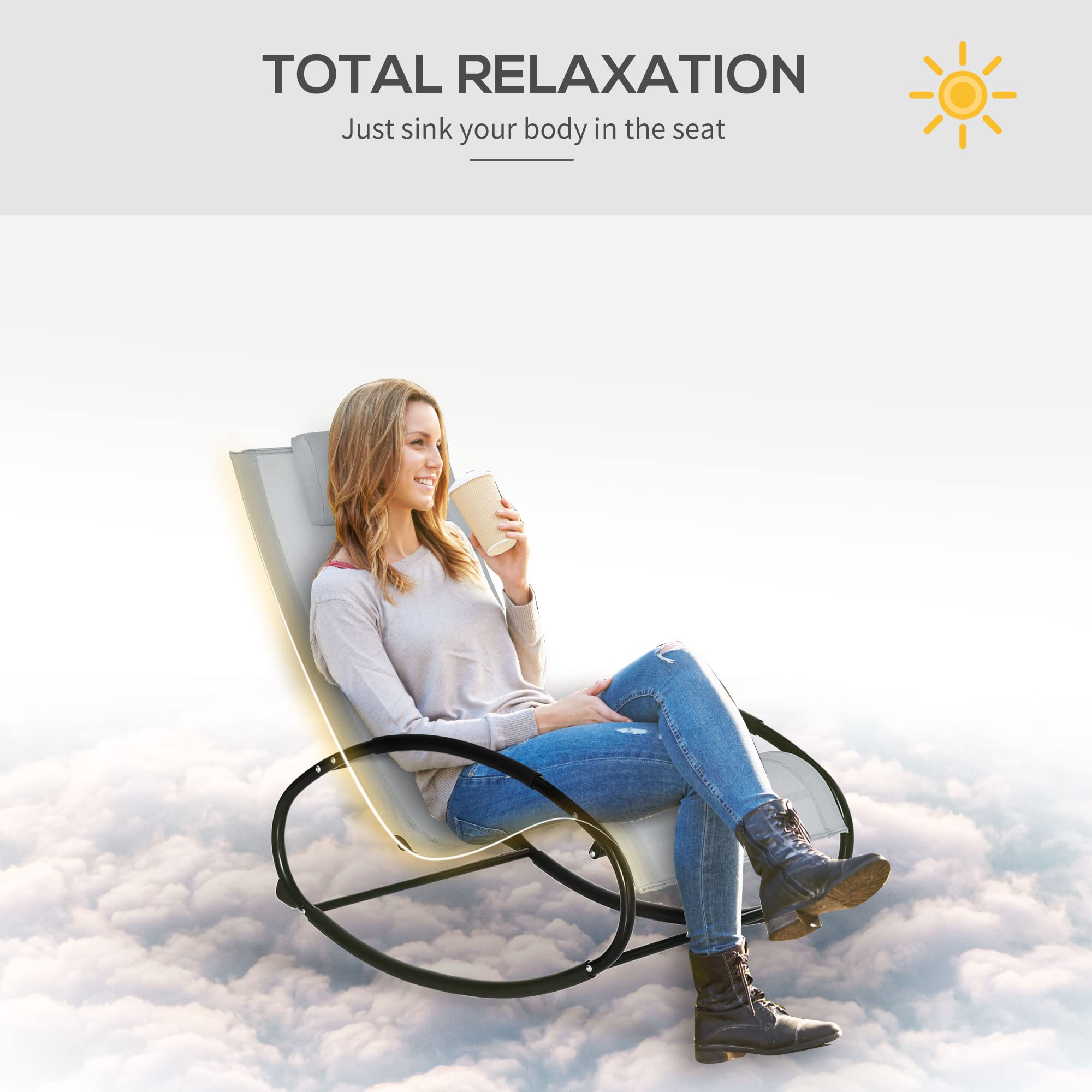 Outsunny Silla mecedora de jardín Zero Gravity, tumbona de jardín ergonómica con cojín y tejido transpirable, para interior y exterior, 105 x 62 x 88 cm, gris