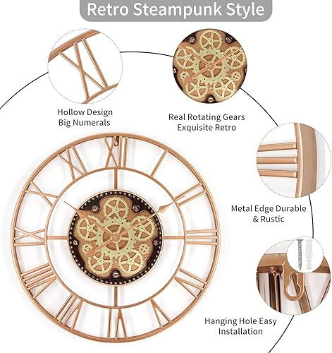 Miniatura 4 de Relojes de pared grandes de 24 pulgadas para decoración de sala de estar con engranajes en movimiento, reloj de pared grande industrial steampunk,