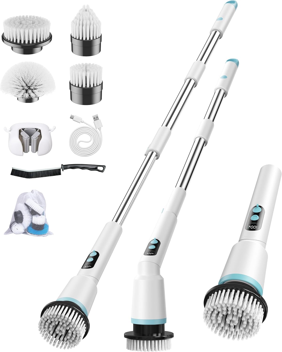 Electric Spin Scrubber with Remote Control, 2 Adjustable Angles, IPX7 Cordless Cleaning Brush with 5 Brush Heads, Long Handle Power Scrubber for Bathroom, Shower, Tub, Floor, White Electric Spin Scrubber with Remote Control, 2 Adjustable Angles, IPX7 Cordless Cleaning Brush with 5 Brush Heads, Long Handle Power Scrubber for Bathroom, Shower, Tub, Floor, White