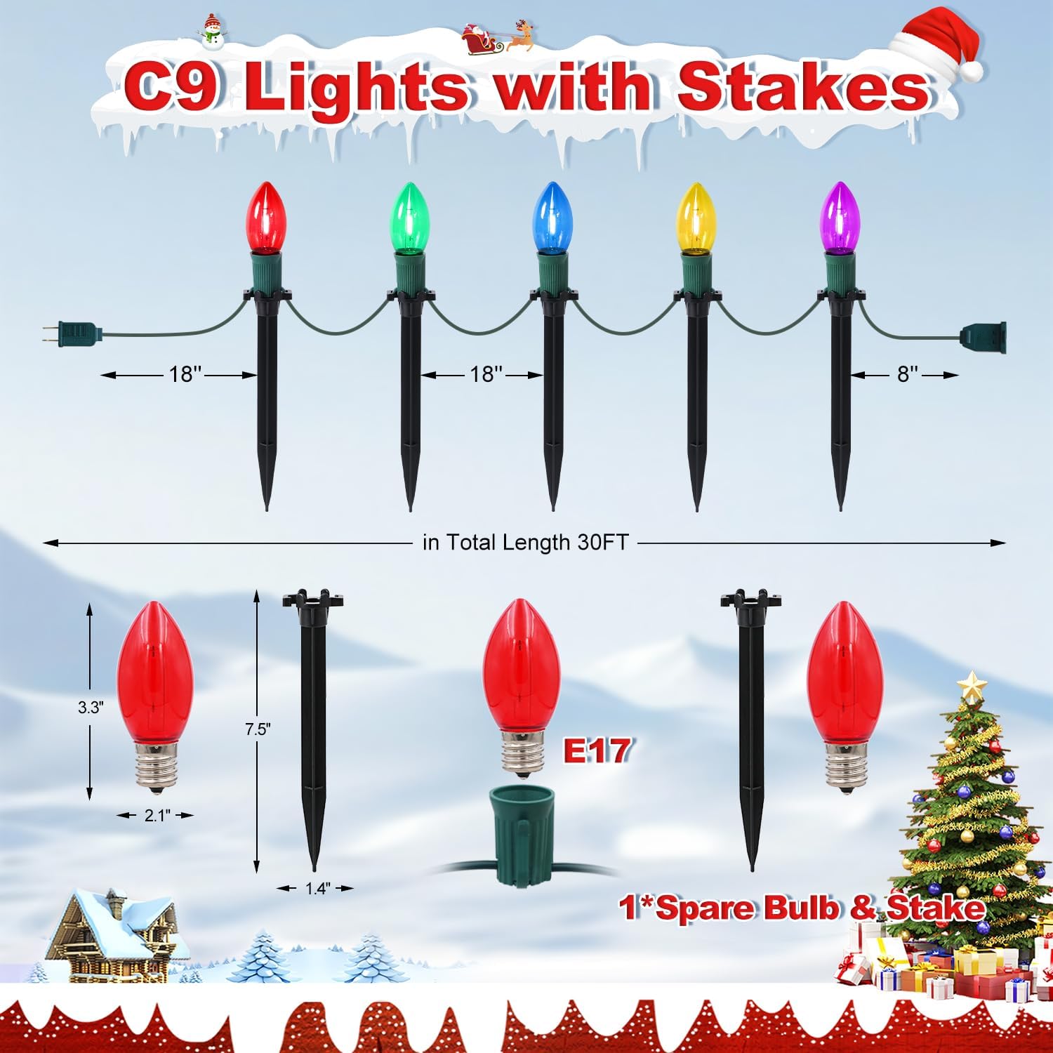 USOKYO 30Ft C9 Led Christmas Pathway Lights Outdoor, 20 Multicolor Bulbs Waterproof Connectable Christmas Walkway Lights with Stakes for Yard Lawn Sidewalk Driveway Decorations