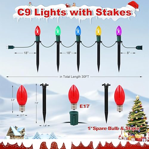 Miniatura 4 de 30 pies C9 20 bombillas multicolor luces de camino de Navidad al aire libre con estacas para patio, césped, acera, decoración de entrada