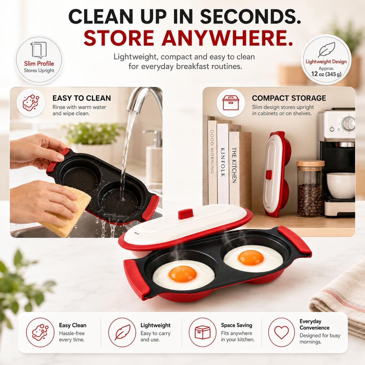 Microwave Egg Cooker & Poacher, 2-Egg Microwave Frying Pan with Vented Lid, PTFE Nonstick Metal Heat Plate, Food-Grade Silicone Handles, Compact Egg Maker for Breakfast Sandwiches, Dorm, RV