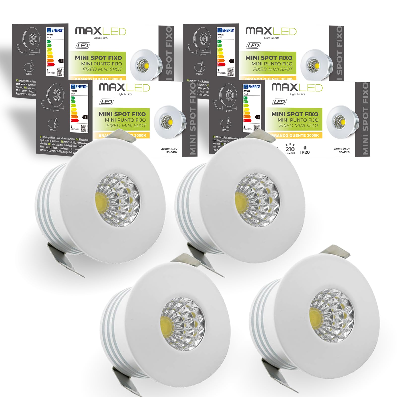 Maxled, Light is Led! 3W MINI LED Recessed Spotlight 210LM Small LED Downlight Warm White 3000K Small Recessed Ceiling Lights IP20 Ceiling Lighting Fixture for Kitchen Stairs Showcases Hallway 4 Pack