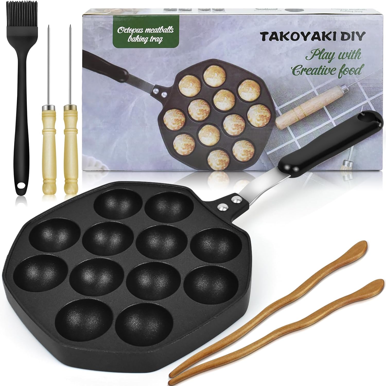 Artcome Takoyaki Pan with Handle - 12-Hole Nonstick Takoyaki Maker with 2 Wooden Picks & Silicone Brush, Octopus Ball Grill for Gas Stove, Japanese Snack Cooker for Takoyaki, Cake Pops, Aebleskiver