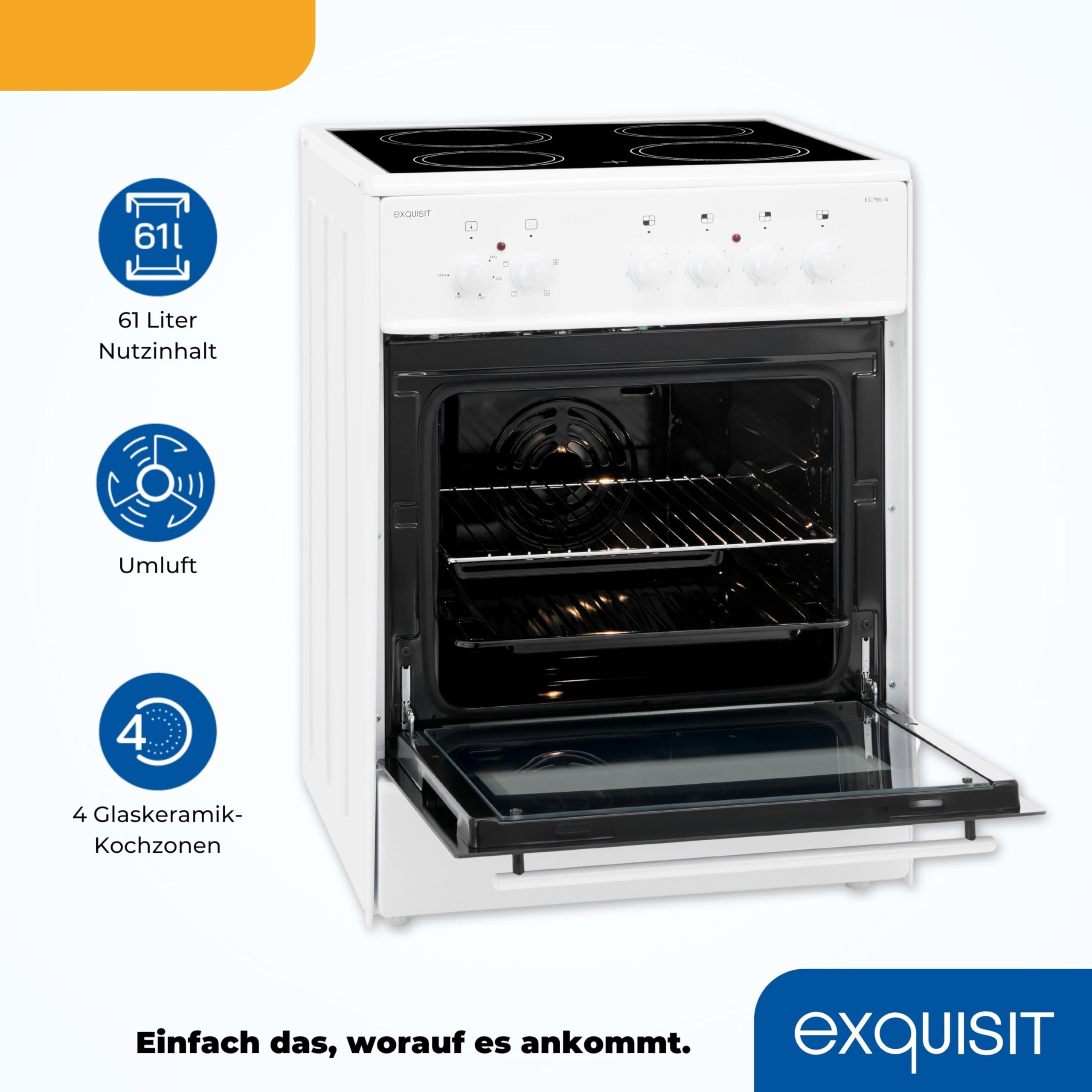 Exquisit - Cocina eléctrica de pie ECM 6-4, 60 cm, vitrocerámica, 61 L, color blanco