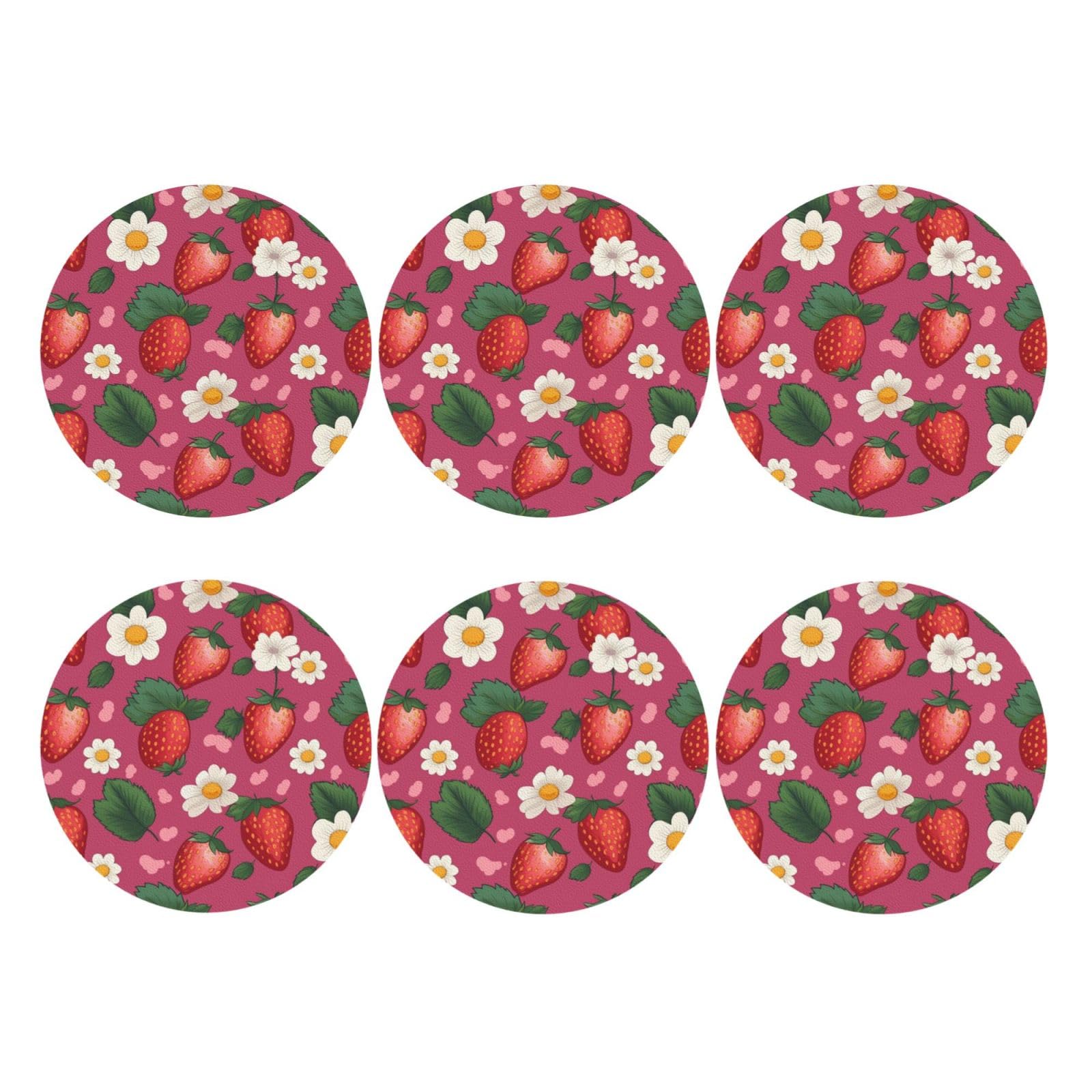 6pcs Leather Coasters for Drinks, Strawberry Drink Coasters for Tabletop Protection, 4" Cup Coasters for Coffee Table Decor, Non-Slip Drinking Cup Mat for Hot Or Cold Drink