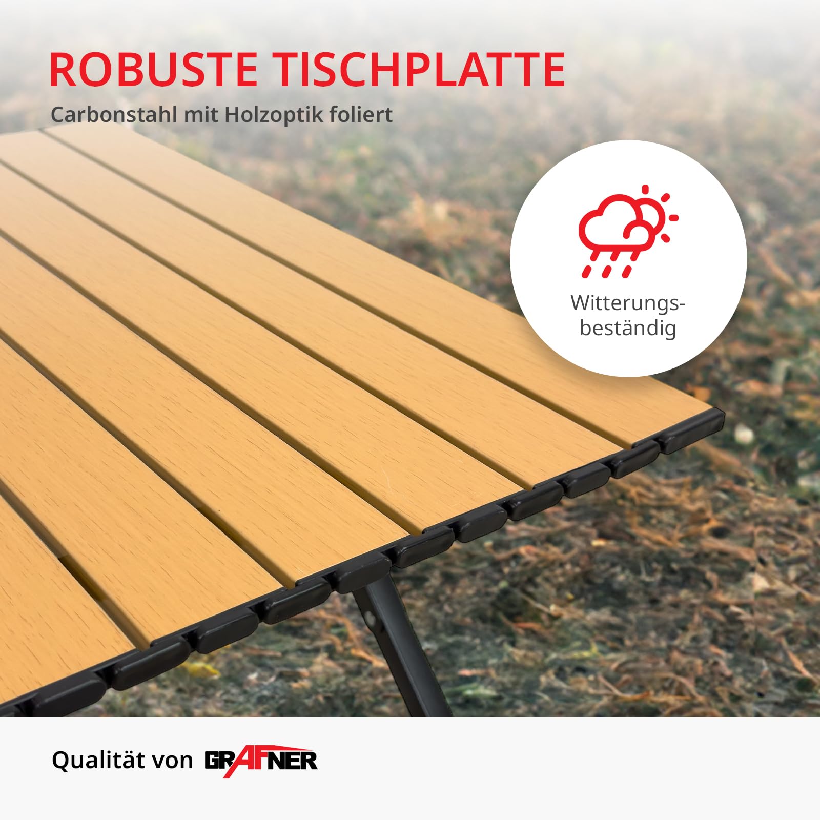 Grafner XXL Campingtisch in Holzoptik klappbar, 118 x 58 x 43 cm, niedrige Ausführung, kleines Packmaß mit Tasche, stabil und tragbar, bis 50 kg, Carbonstahl, Rolltisch Klapptisch Picknick Tisch Holz