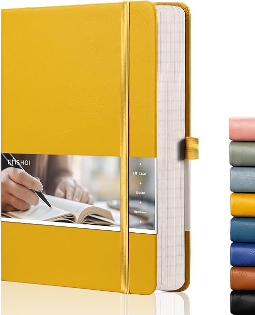 EMSHOI Graph Paper Notebook - 256 Pages A5 Graph Notebook/Journal, Square Grid Notebooks for Work, 120gsm Thick Paper, Executive Hardcover Leather, Inner Pocket, Pen Loop 5.75'' × 8.38''-Yellow