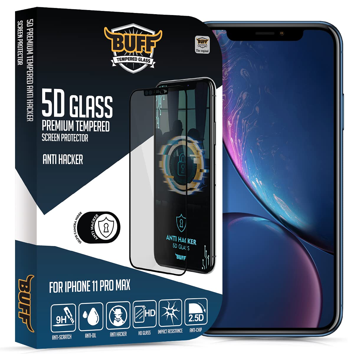 BUFF LABS iPhone 5D Glass Anti Hacker Casus Önleyici Selfie Kamera Gizleyici Ekran Koruyucu (iPhone 11 Pro Max)