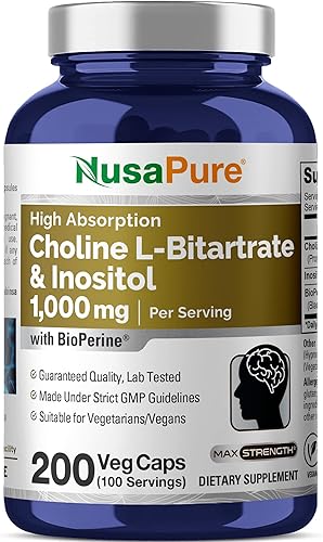 NusaPure Colina e Inositol 1000mg - 200 Cápsulas Vegetarianas (100% Vegetariano, Sin OGM) Bioperine