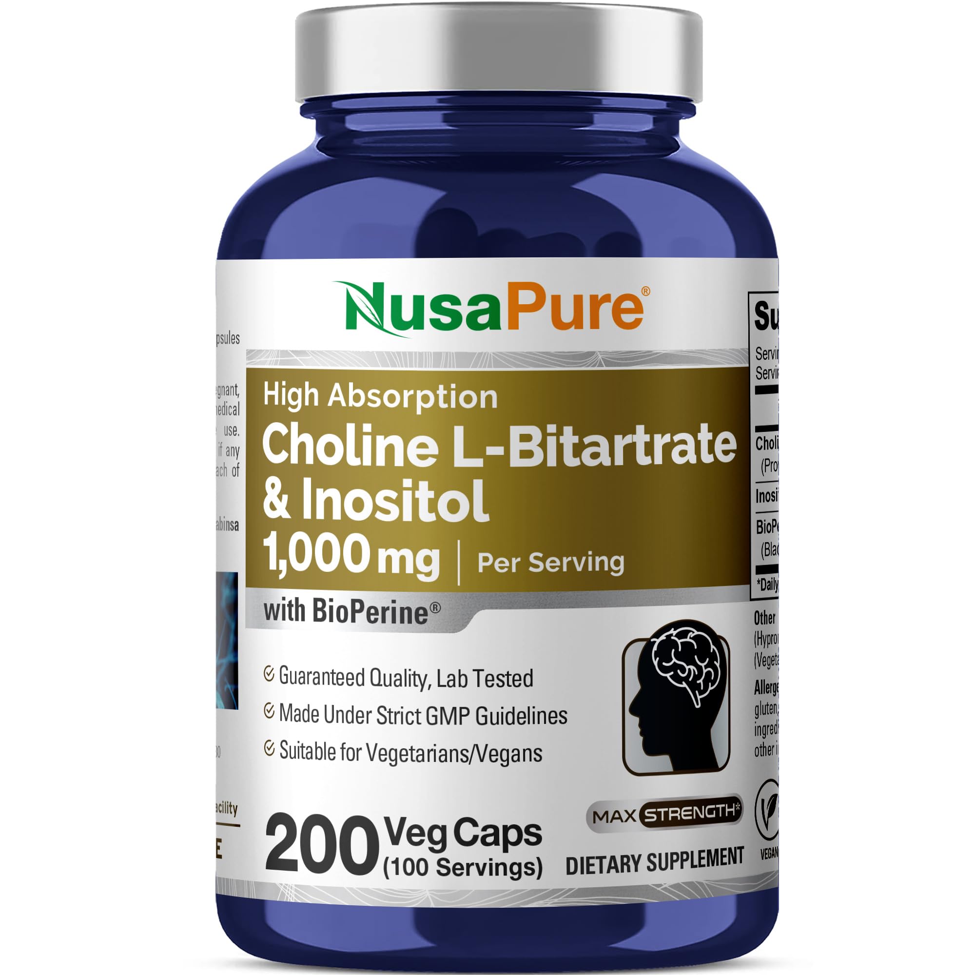 NusaPure Choline & Inositol - Suitable for Vegetarian/Vegan, Non - GMO - 1000mg - 200 Veggie Capsules