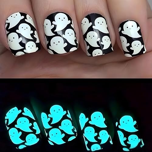 24 piezas de uñas postizas cortas cuadradas que brillan en la oscuridad, uñas acrílicas con bonito diseño de fantasma, uñas acrílicas con pegamento