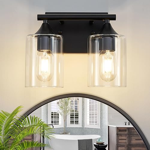 Miniatura 1 de Accesorios de iluminación de tocador, luces de baño de 2 luces sobre espejo, apliques modernos con pantalla de vidrio transparente, lámpara para