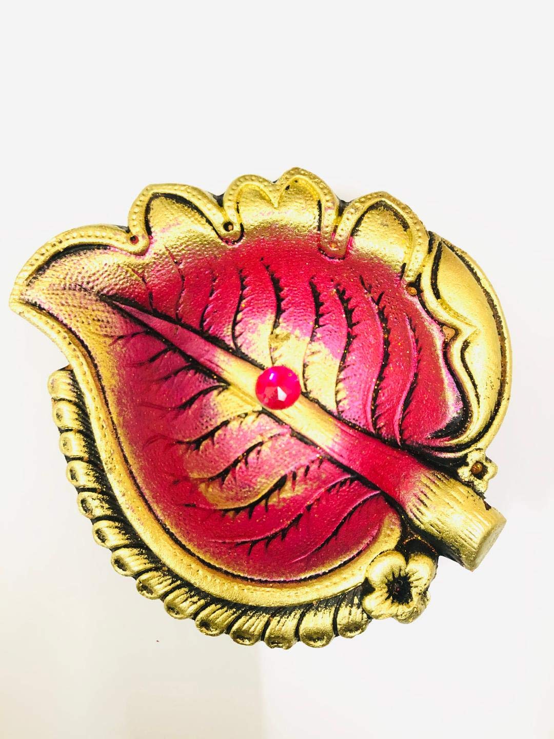 Paaroots Pack of 1 Metallic Copper Pink Coloured Shimmery Fancy with Stones Large Size (17x13x4 cm) Handcrafted Pearl Paint mud,Terracotta Diyas for Gifts, Home Decor and Akhand Jyot