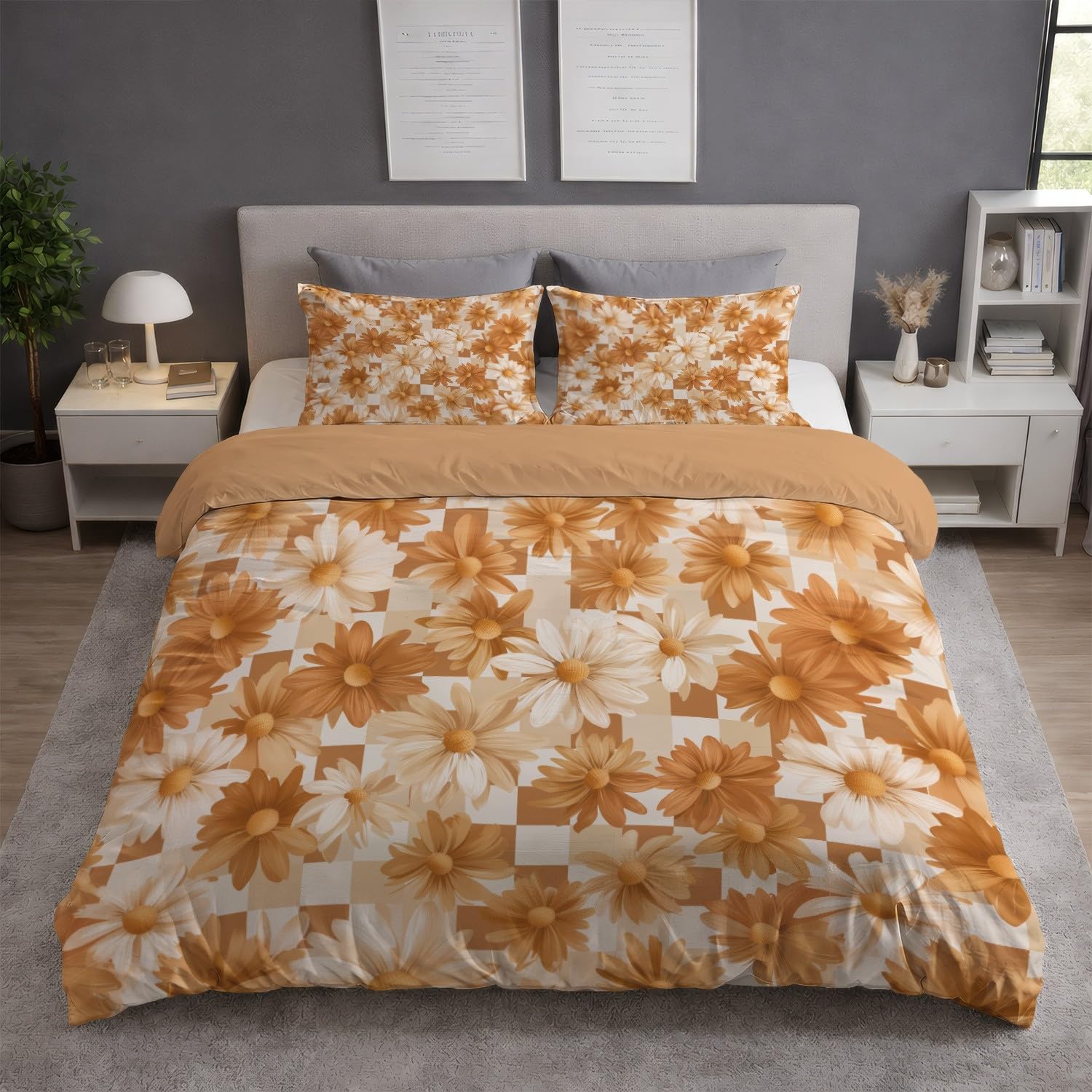 Generic Zestaw pościeli King 229 cm x 221 cm nowoczesny minimalistyczny kwiatowy wzór w kratkę poszewka na kołdrę ultramiękka mikrofibra oddychająca poszewka na kołdrę z zapięciem na zamek