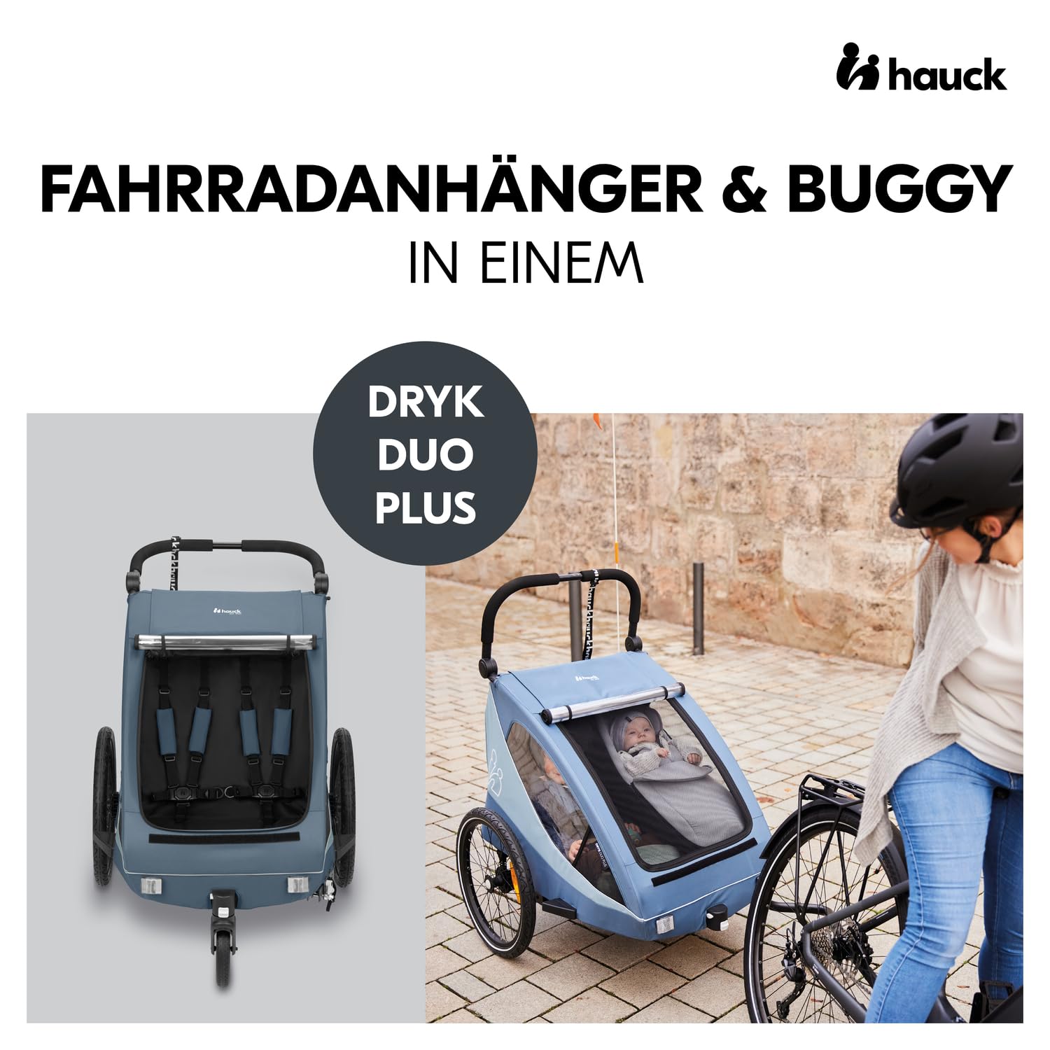 hauck Fahrradanhänger & Kinderwagen Set Dryk Duo Plus für 2 Kinder (6-48 Monate), inkl. Regenschutz, Sonnensegel, Deichsel, Buggyrad, Fahne und LED Licht