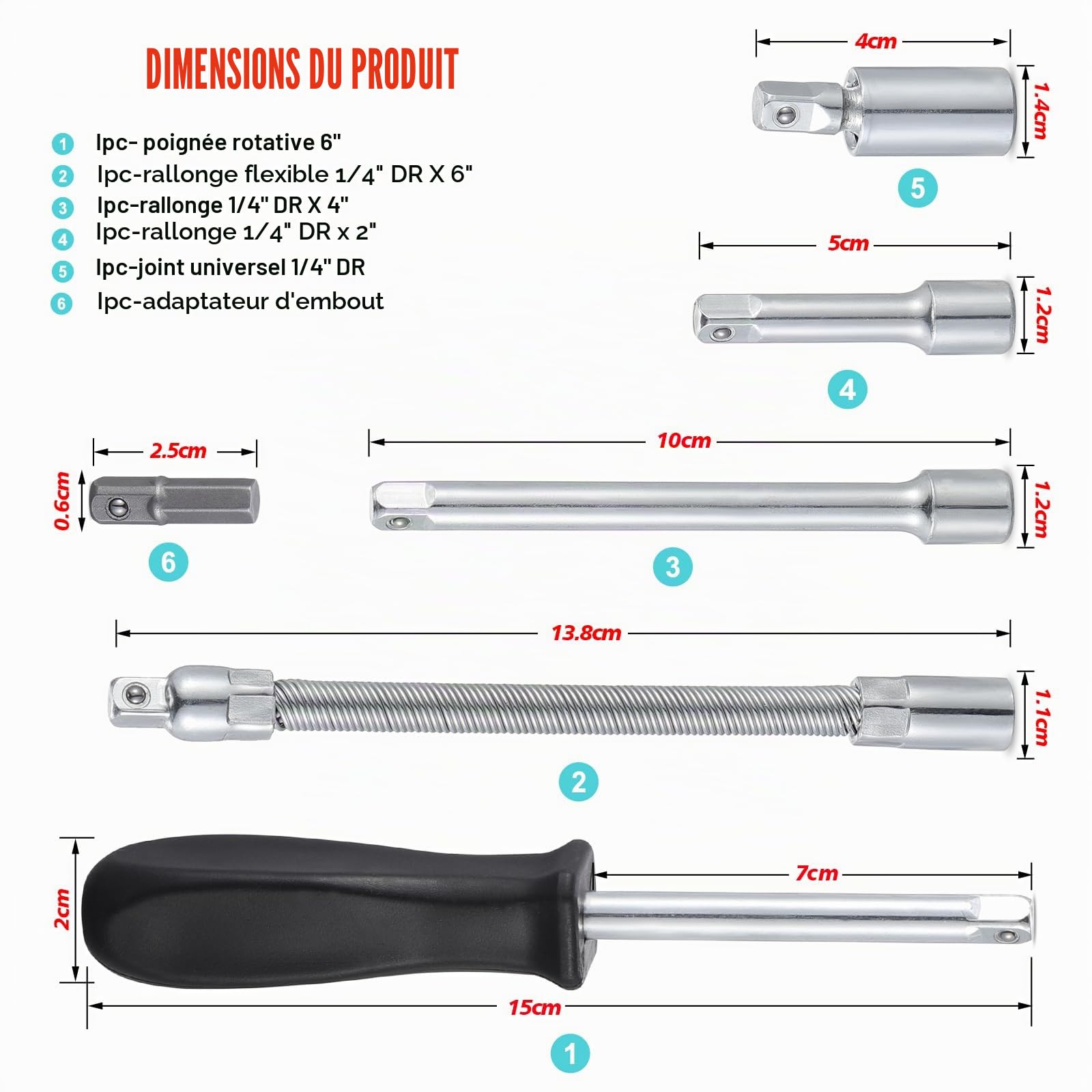 46pcs kit de clé à douille, kit de clé à cliquet, kit de clé à cliquet à douille métrique, outil de réparation de voiture à tête de tournevis 1/4 "(noir)