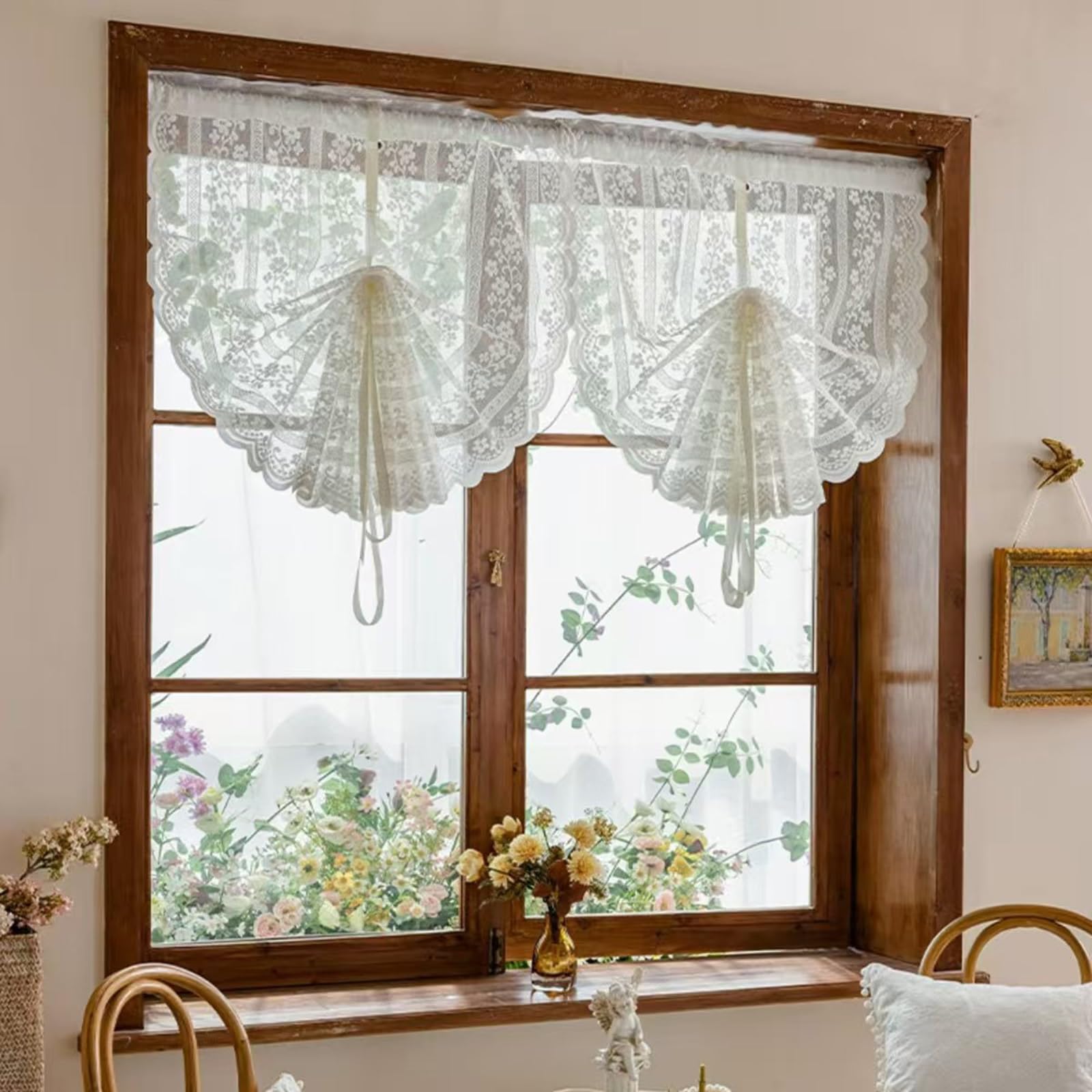 2er Gardine Scheibengardinen Voile Vorhang Gardine Transparente Spitze Blumenstickerei Kurzvorhang Kurzgardinen Küchengardine Küche Vorhang Fenster Kurz Stores Bistrogardine H150xB60cm, Weiß