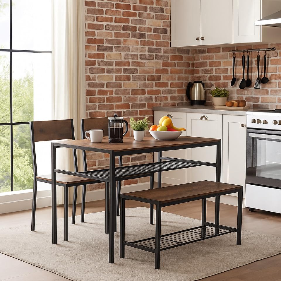URBNLIVING 4-Piece Dining Set with Table, 2 Chairs & Bench Modern Kitchen Furniture with Sturdy Metal Frame and Wood-Look Finish Compact Design for Small Dining Rooms or Apartments