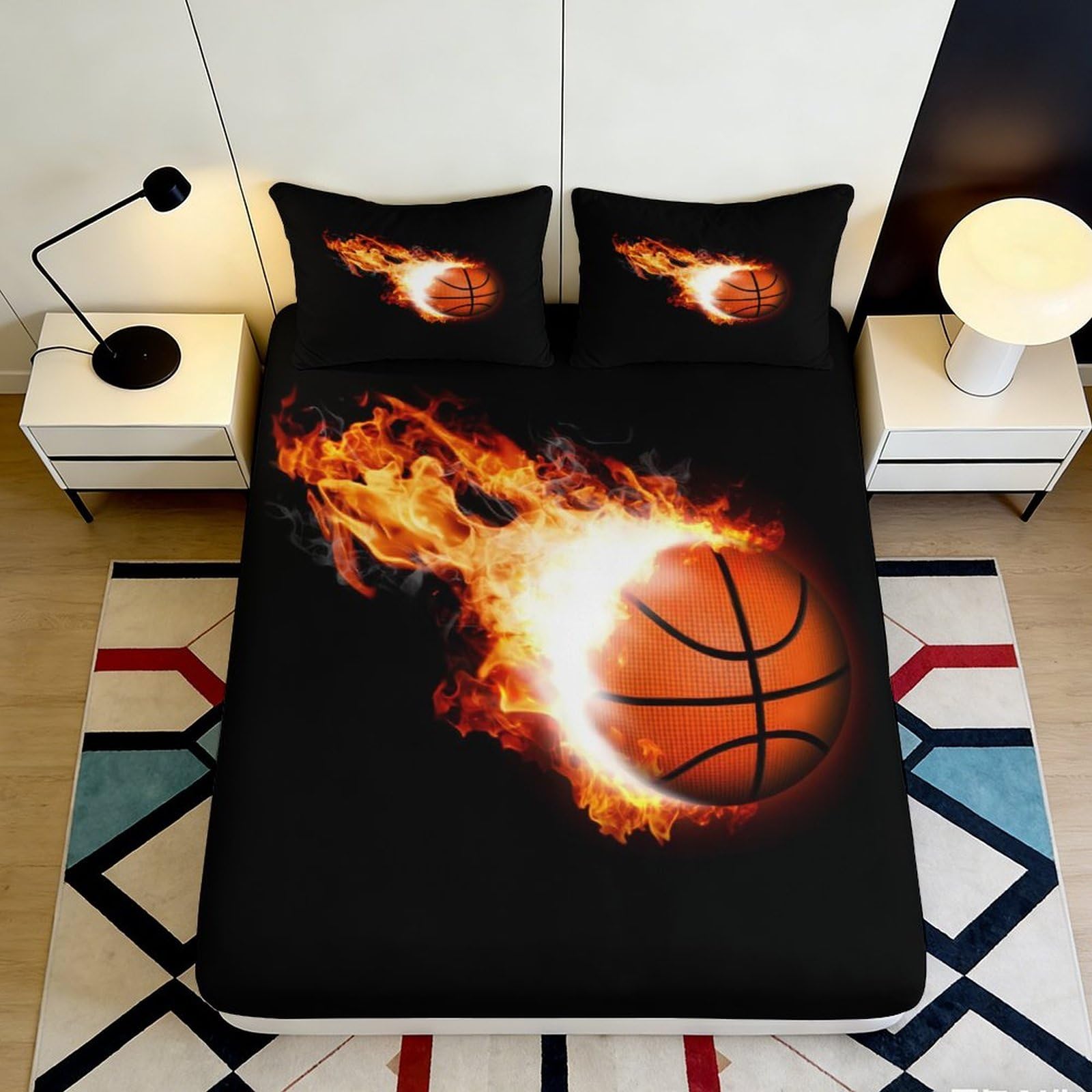 3D Printed Flaming Basketball Fitted Sheet Microfiber Soft Durable Black Bed Cover for Bedroom Dormitory Guest Room Mattress Protection Decor 180x200x25cm