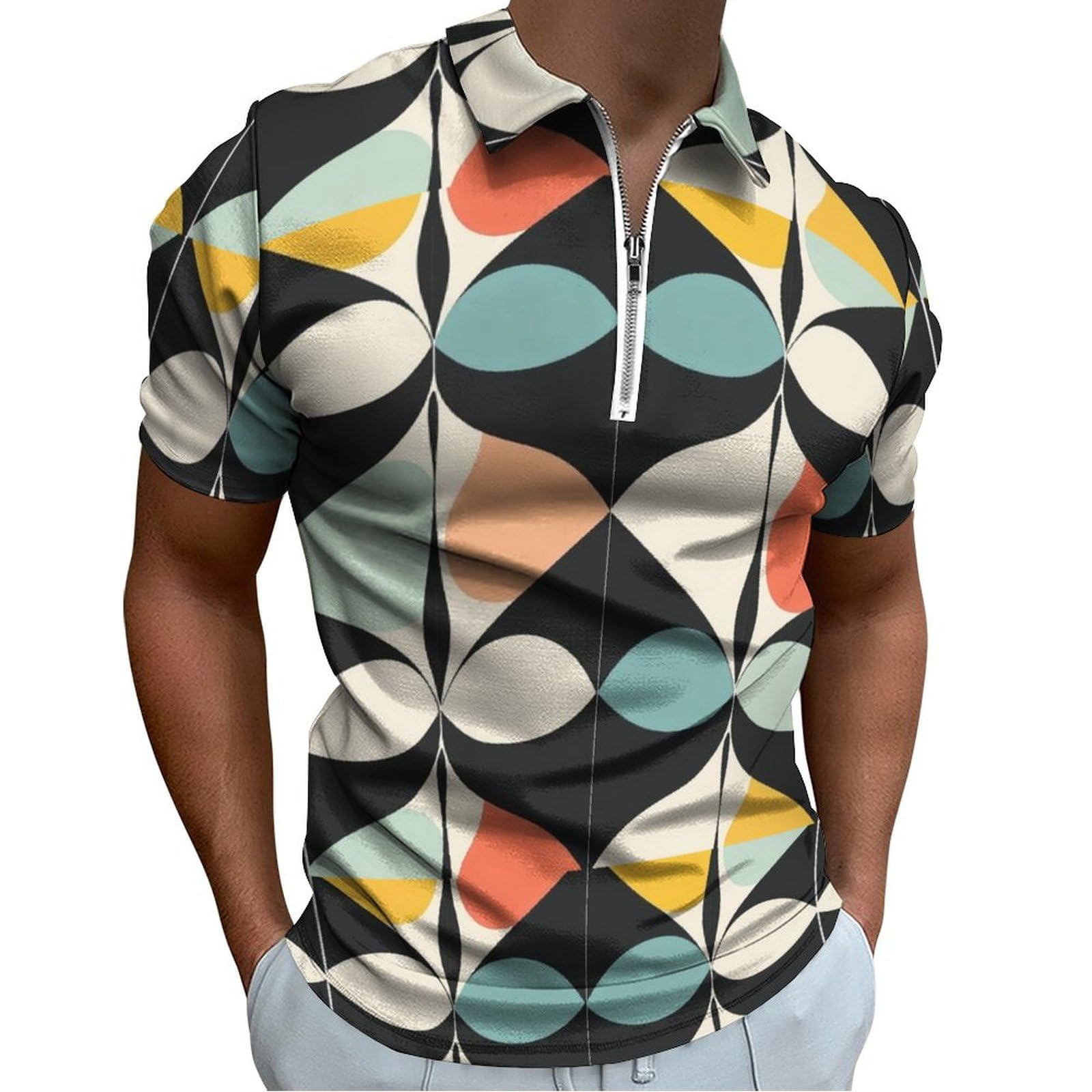 Mens Floral Printed Hawaiian Polo Shirts Zipper Short Sleeve Golf Shirt Moisture Wicking V Neck Casual Slim T