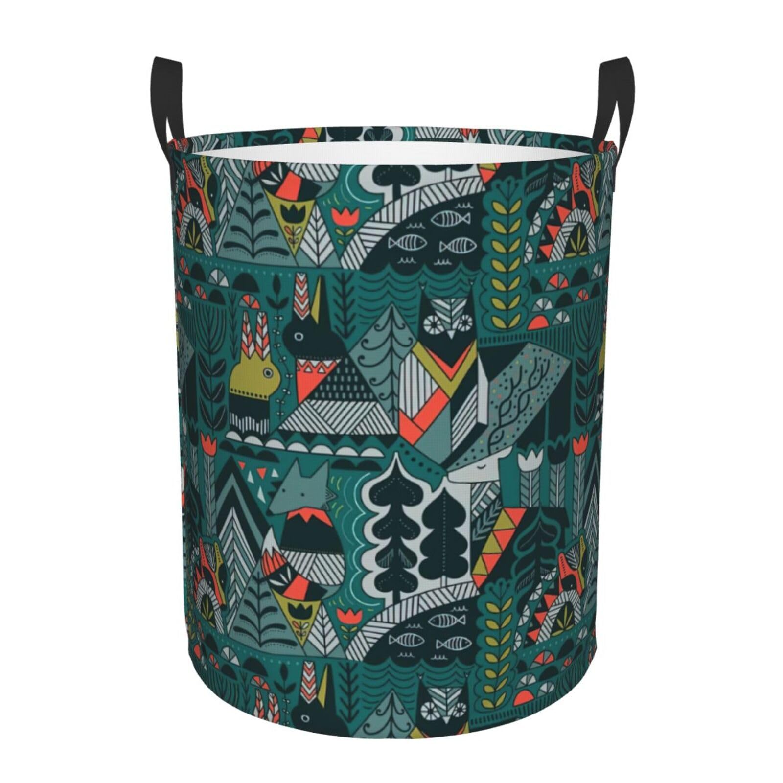 S Collapsible Round Green Animals Print Laundry Hamper