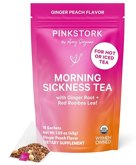 Pink Stork Organic Morning Sickness Pregnancy Tea - Hot or Iced Tea - Prenatal Heartburn, Indigestion, and Constipation Support - 1st Trimester Pregnancy Must Haves - Ginger Peach, 15 Sachets