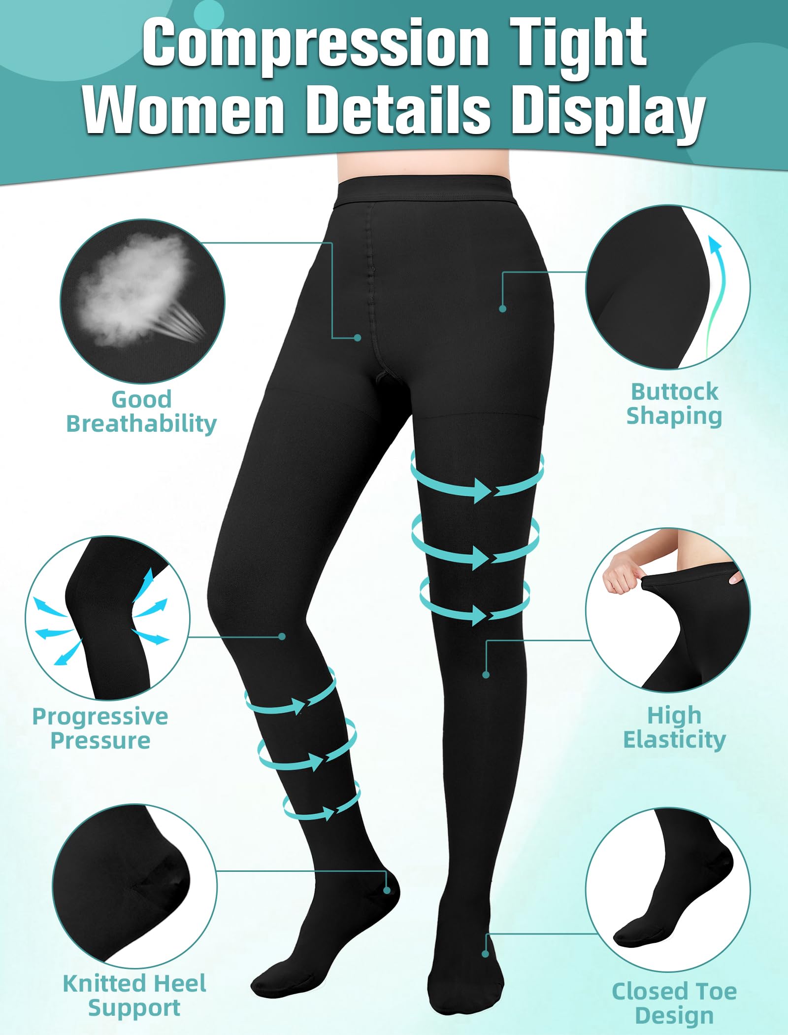 Collant a compressione medica per donne e uomini, 15-20 mmHg, collant a compressione a punta chiusa, opachi, supporto graduato, calze a compressione per vene varicose, edema, allattamento in