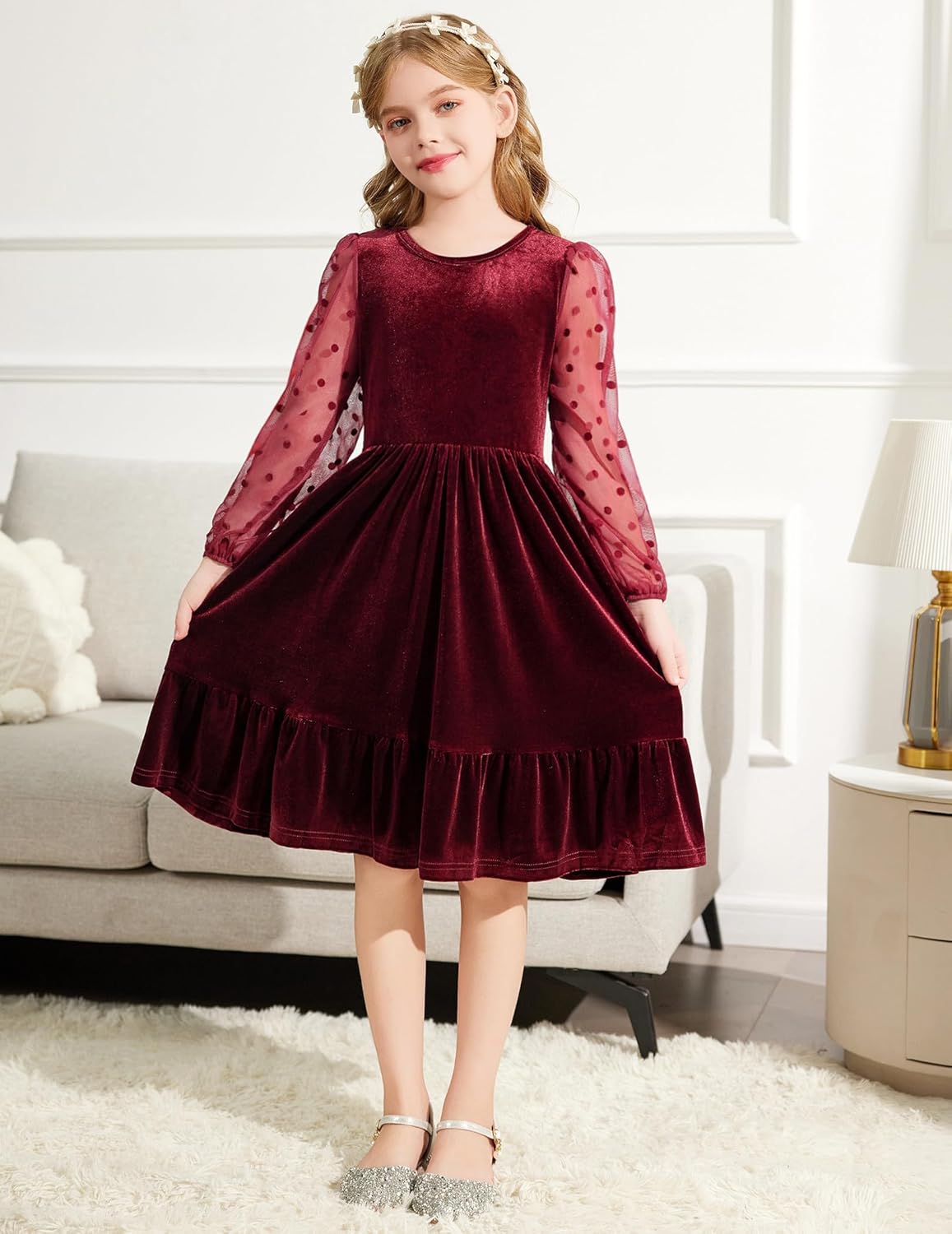 Arshiner Girls Dresses Contrast Mesh Velvet Long Sleeve A-Line Vintage Party Dress with Pockets - Image 4