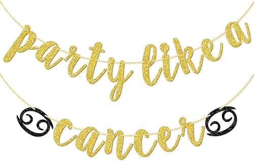 Cartel de fiesta como un cáncer, decoraciones de fiesta de cumpleaños del zodiaco, junio y julio, pancarta dorada con purpurina preencordada hecha a