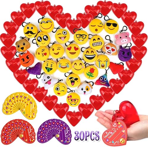 Tarjetas de regalo para el día de San Valentín para niños, 30 paquetes de tarjetas de San Valentín con corazones rellenos con emoticonos, llaveros