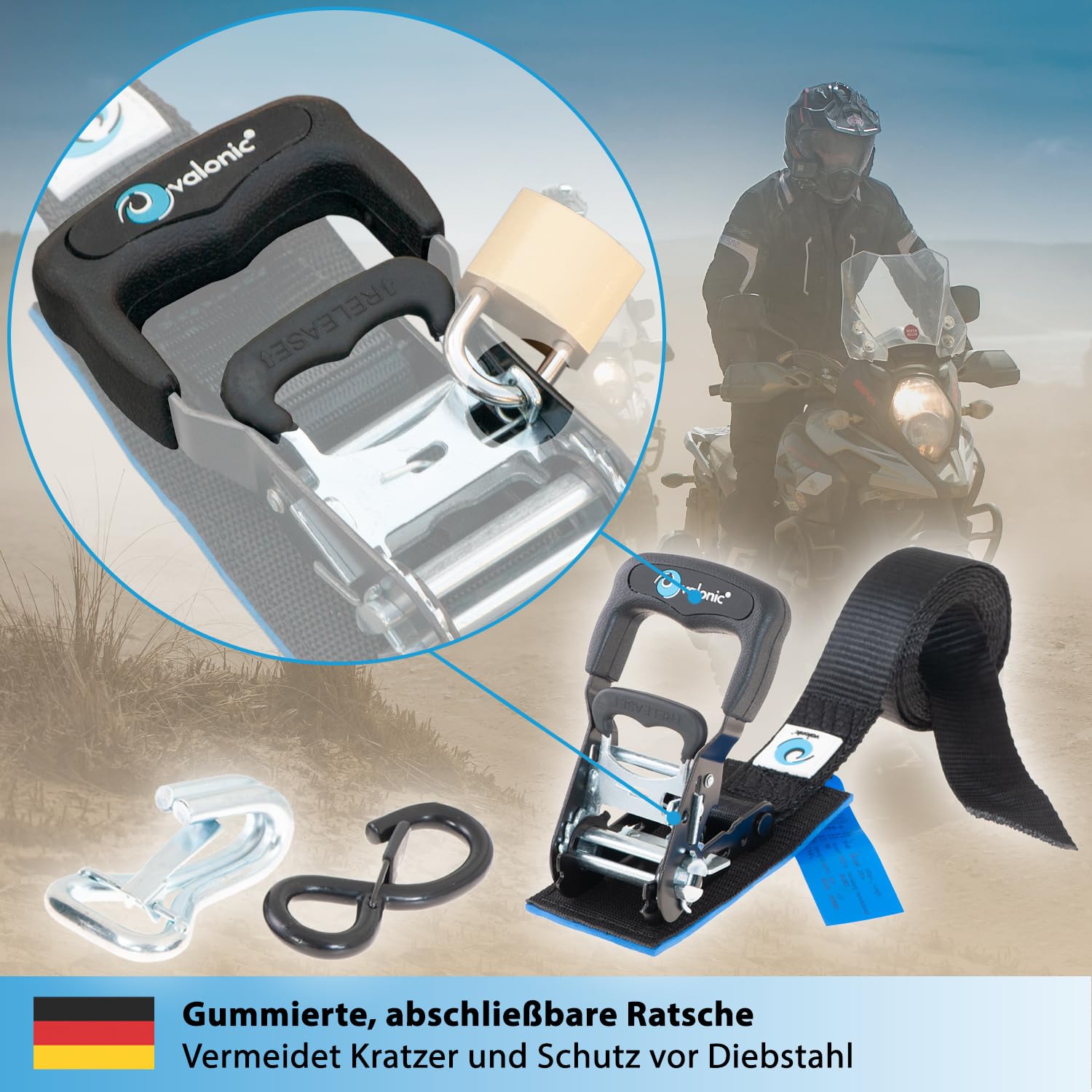valonic PANTHER - 2x Motorrad Spanngurte mit Haken, 2,25m, blaue Fahne, 38mm, mit Polster, 650/1300 Kg, TÜV Rheinl. / GS zertifiziert, EN 12195-2 - sehr kurzer Spannweg, Motorradhalterung für Anhänger