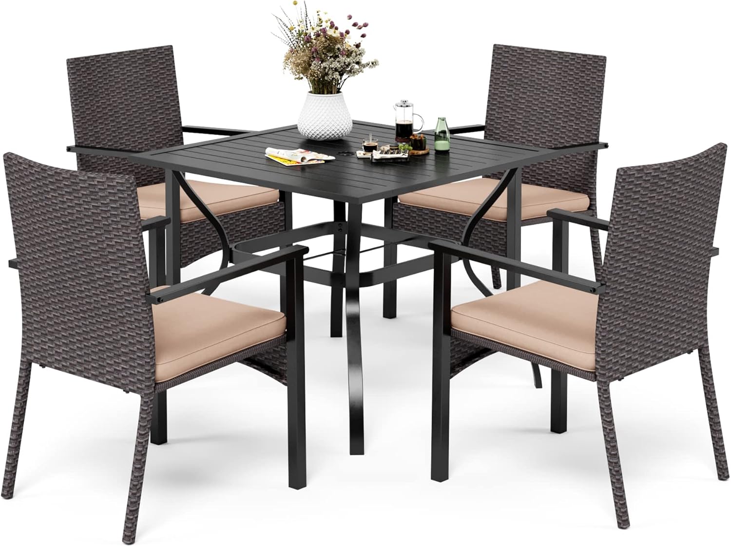 PHIVILLA Patio Furniture Set of 4 Metal Table and Rattan Chairs Outdoor