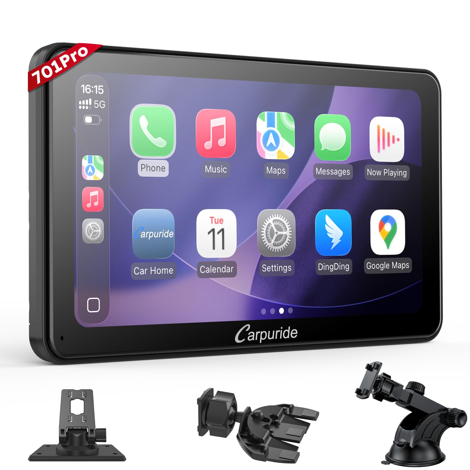 Carpuride W701 Pro Autoradio Portatile con Trasmissione Bluetooth Wireless, Compatibile con Carplay e Android Auto, Schermo Touch da 7 pollici 1080P, Mirror Link/GPS/Siri/FM, con 3 Staffe di Montaggio