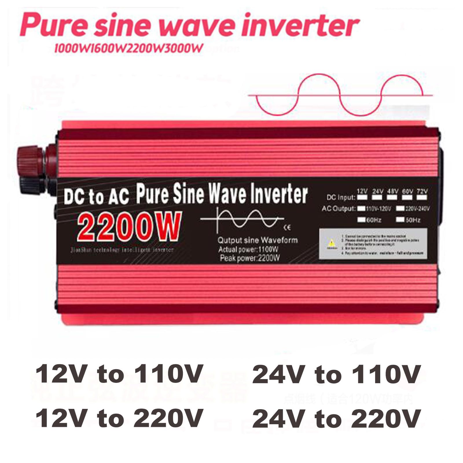 Przetwornica czystej fali sinusoidalnej 1000W 1600W 2200W 3000W DC 12V /24V do AC 110V/220V przenośny konwerter banku mocy falownik solarny do domowego kempingu