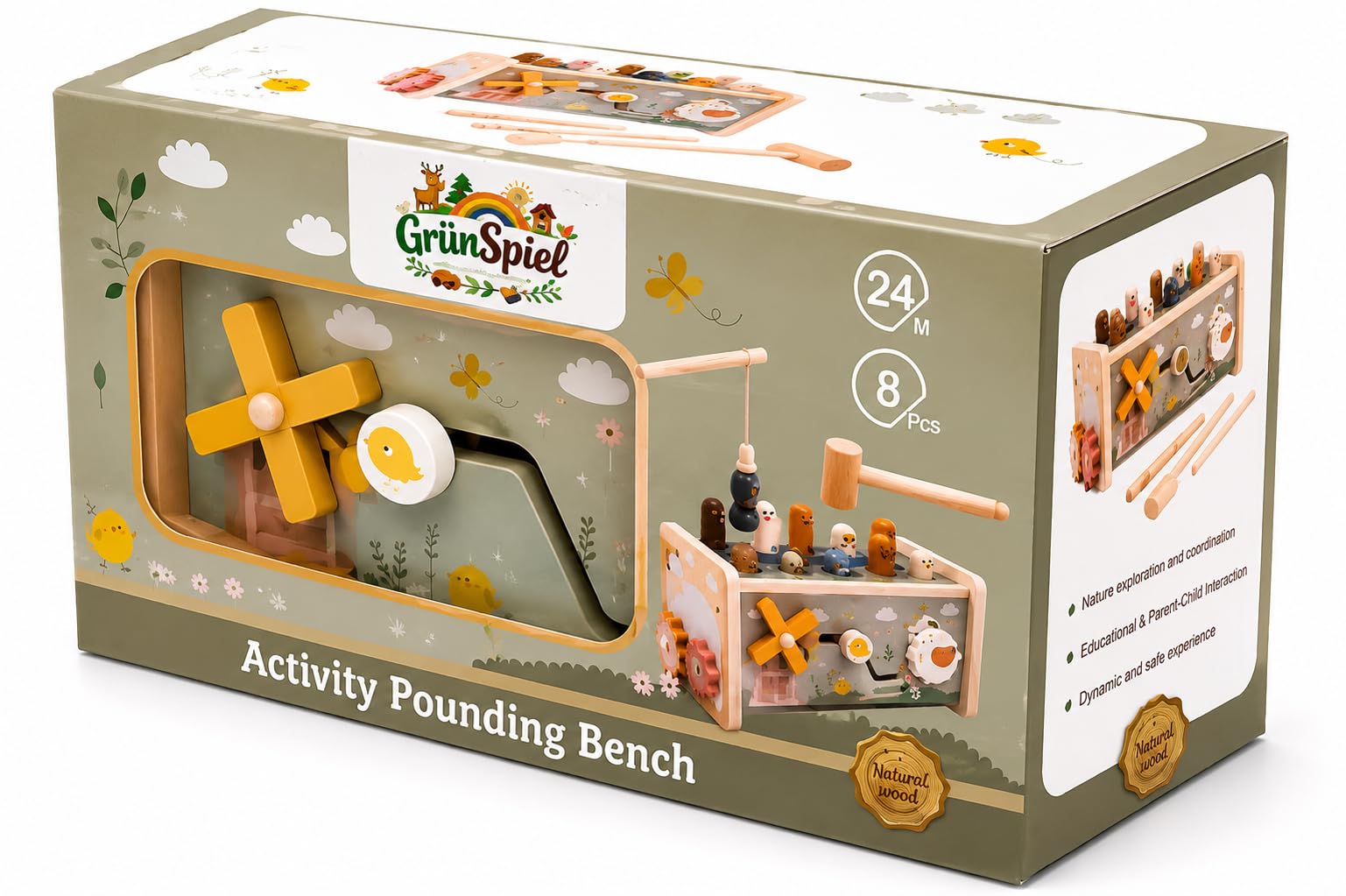 Montessori - Juguete de madera para niños a partir de 2 años, 7 en 1, juego de martillo con imán de pesca, juguete de habilidades motoras de madera, juguete educativo para niños pequeños