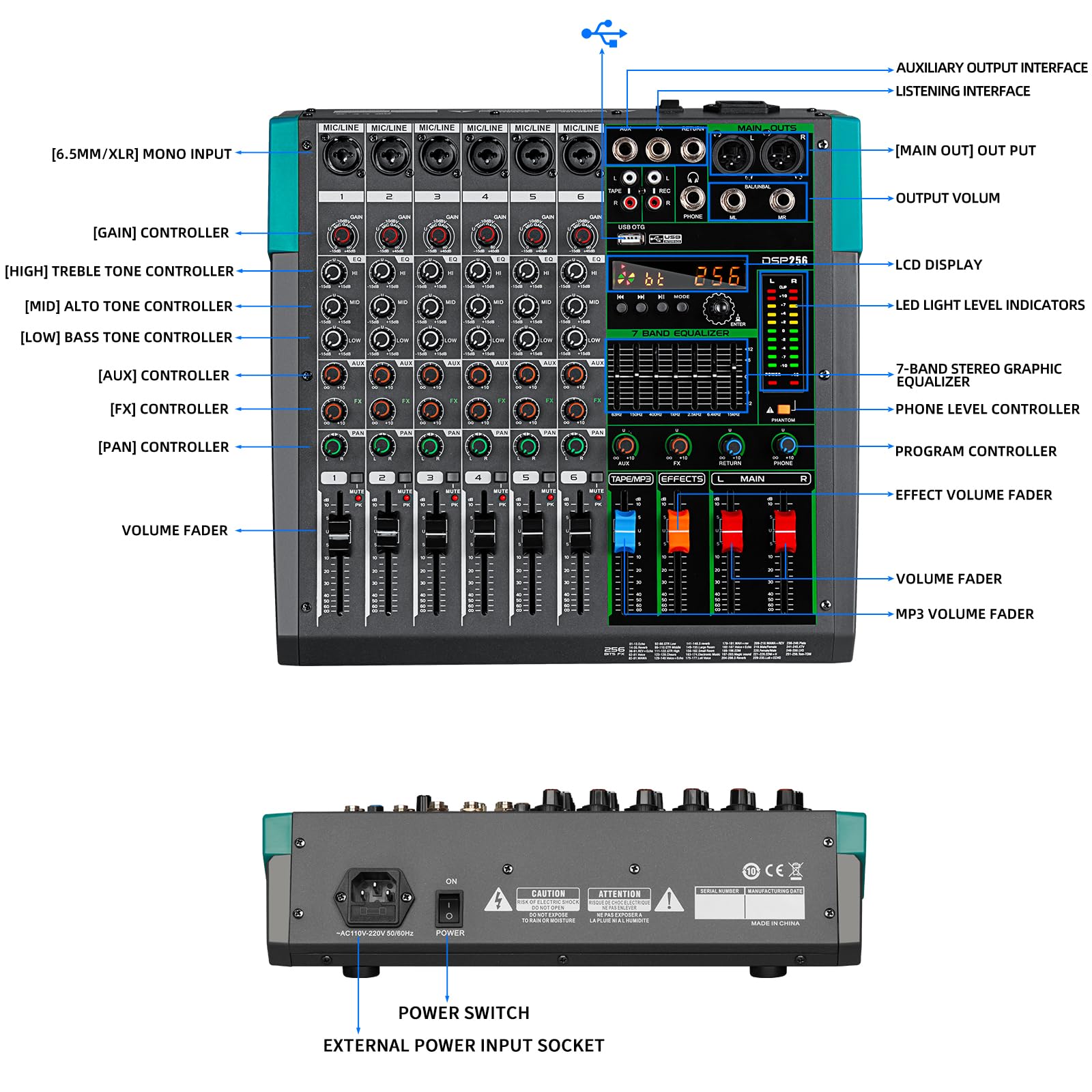 Depusheng PA6 profesjonalny mikser audio DJ, wejście 6-kanałowe, zintegrowane 256 rodzajów efektów DPS, obsługuje zasilanie fantomowe 48 V, USB, Bluetooth, nagrywanie na komputerze MP3