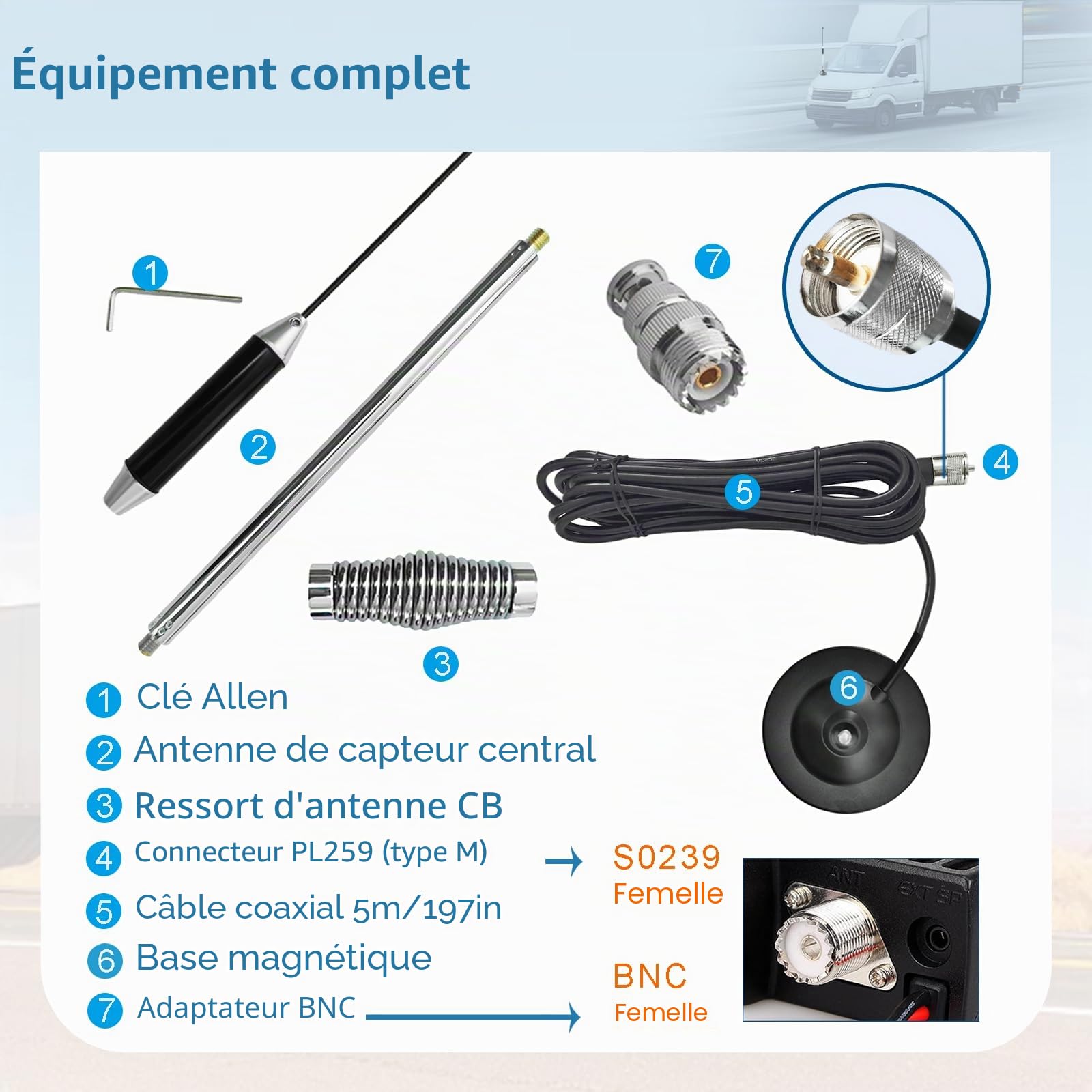 Antenne CB (27 MHz, Ht 67cm) Longue Portée | Compatible avec CiBi Président, Midland, Uniden | avec Socle Magnétique(Ø95 mm), Câble RG58 (5 m, 50 Ω), Fiche PL259 et Adaptateur (UHF vers BNC)